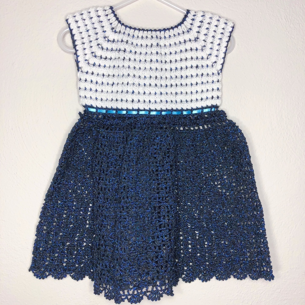 blue metallic crochet dress